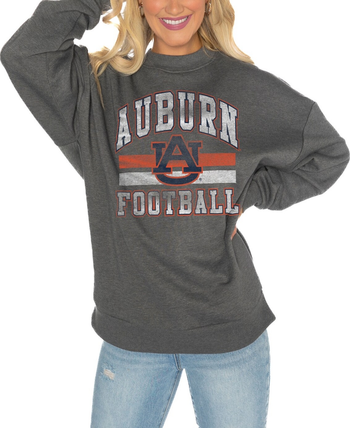 GAMEDAY COUTURE WOMEN'S CHARCOAL AUBURN TIGERS GOOD VIBES PREMIUM FLEECE DROP SHOULDER PULLOVER SWEATSHIRT 