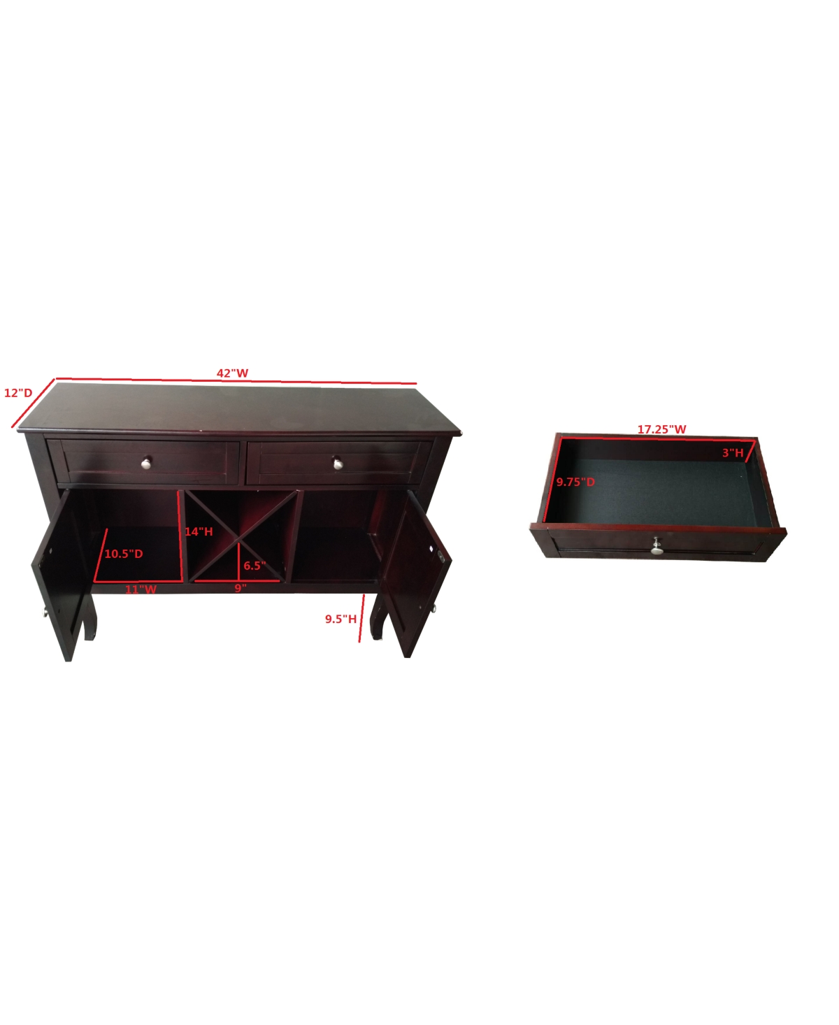 Kings Brand Furniture Morovis Wine Cabinet Breakfront Buffet Storage Console Table,- Dark cherry