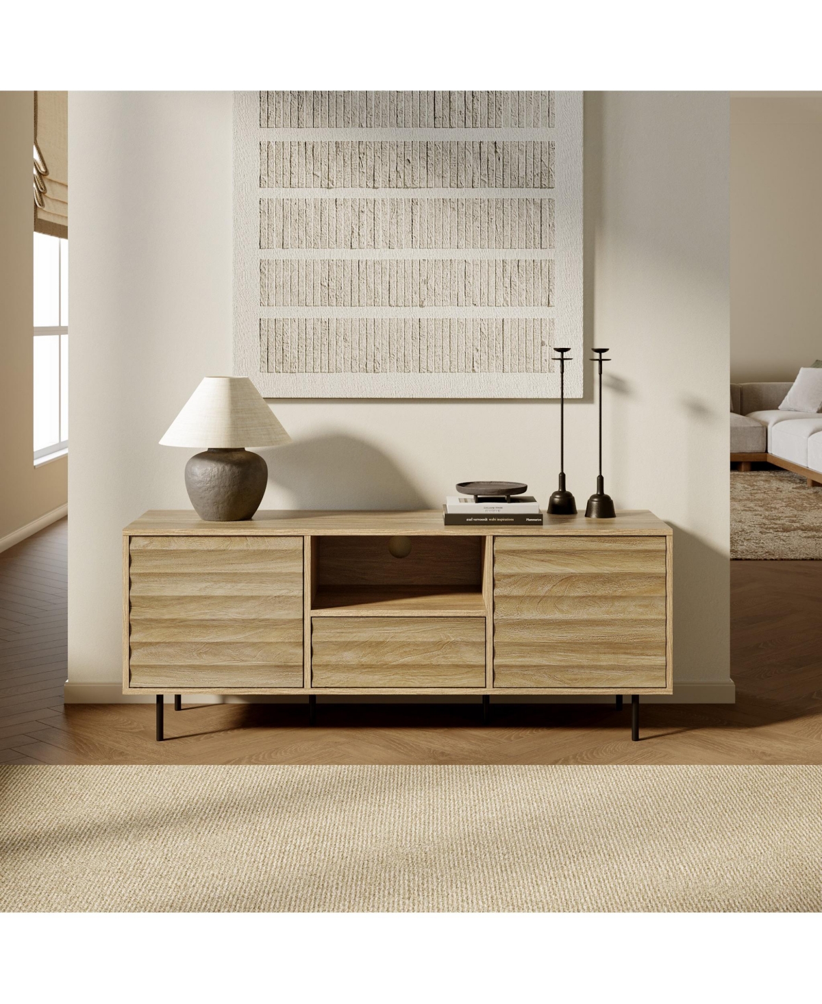 LuxenHome Mid-Century Modern Wave 2-Door 1-Drawer Tv Console with Metal Legs