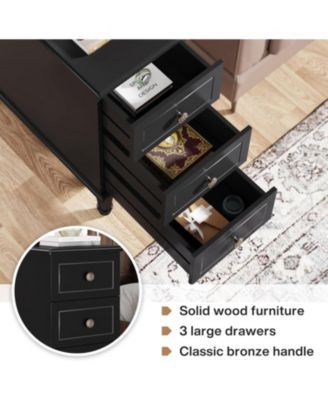 Solid Wood End Table Set of 2, Fully Assembled Narrow Side Table with Drawers, Pre-Assembled Nightstand Slim Bedside Table, Black