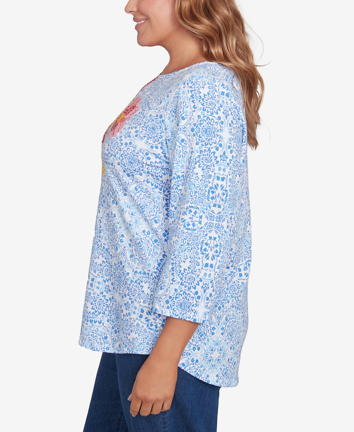 Ruby Rd. Plus Size Medallion Bold Floral Top In Bluebird Multi