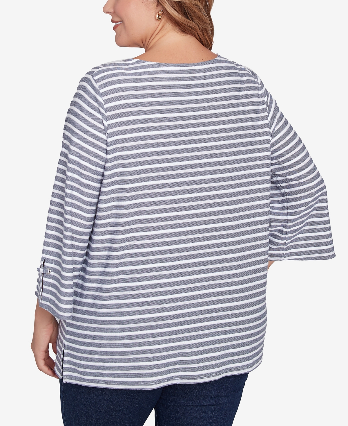 Ruby Rd. Plus Size Ribbon Stripe Laced Sleeve Top In True Navy Multi