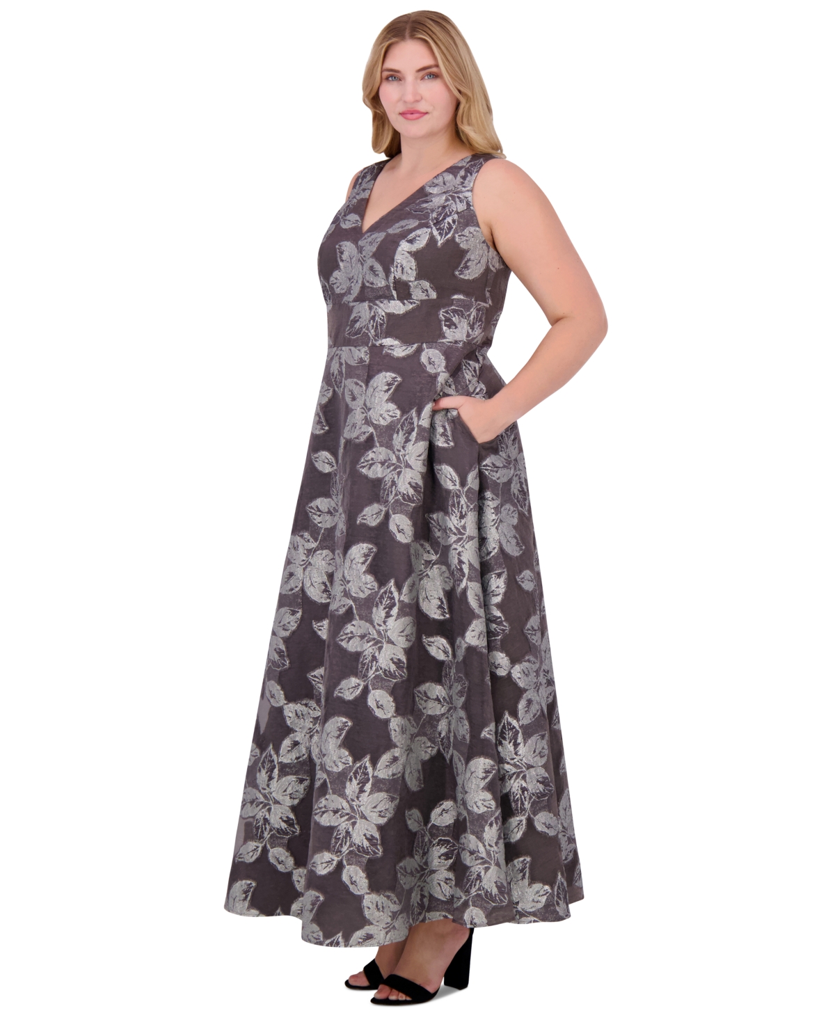 ELIZA J PLUS SIZE METALLIC-THREADED FLORAL-PRINT BALL GOWN 