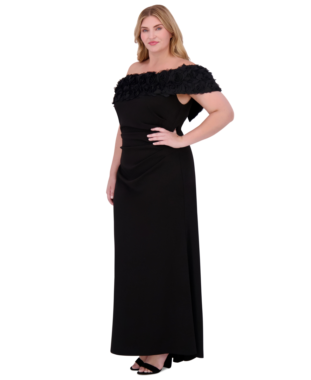 ELIZA J PLUS SIZE ROSETTE-TRIM OFF-THE-SHOULDER EVENING GOWN 