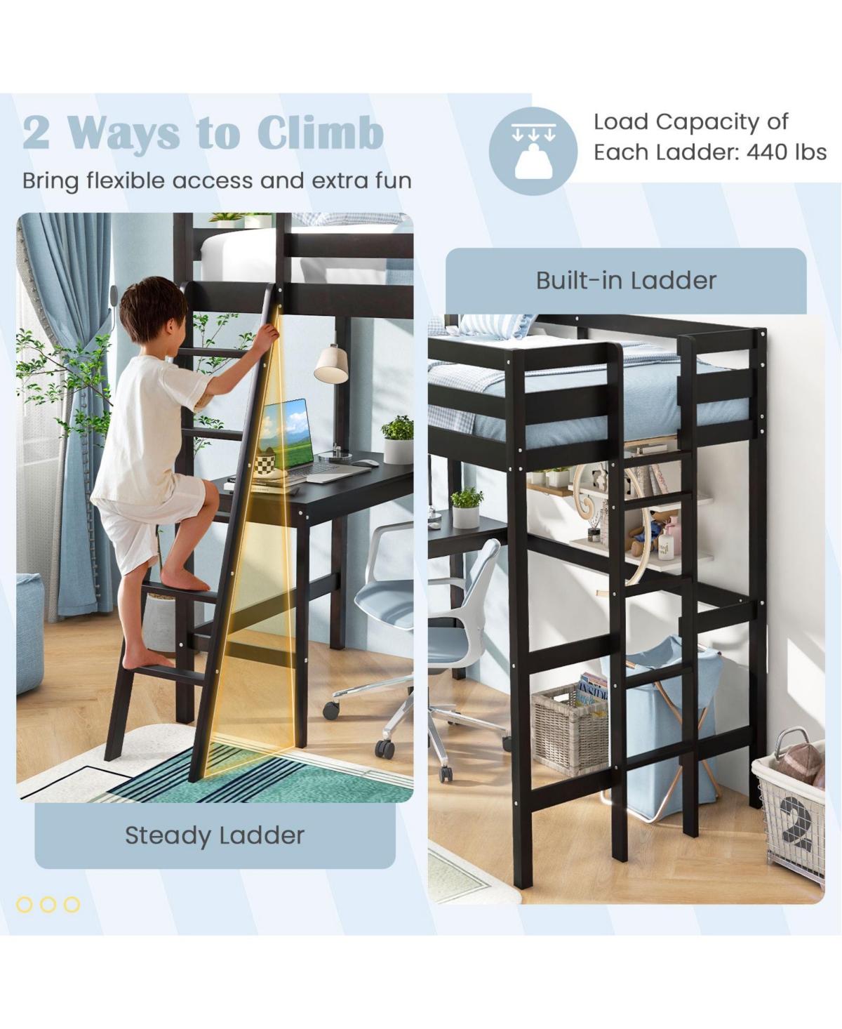 Twin Size Loft Bed Frame with Desk Angled and Built-in Ladder