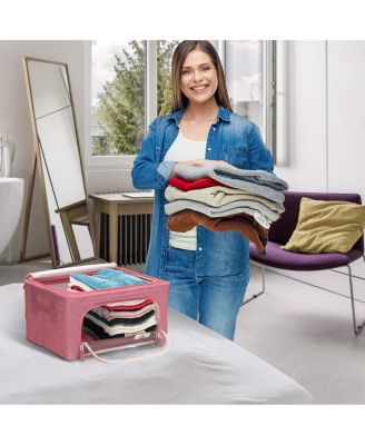 2 Pack Small Foldable Storage Box - Metal Frame, Oxford Fabric, Large Window & Handles - Organization for Bedroom, Linens & Clothes (Pink)