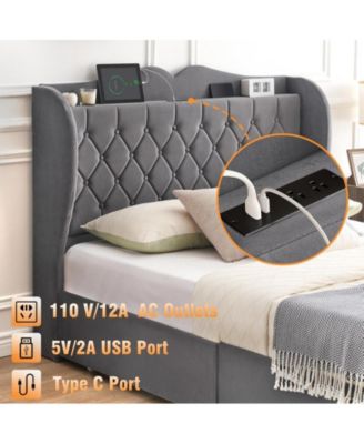 King Size Bed Frame with Charging Station and 4 Storage Drawers, Velvet Upholstered Tall Tufted Wingback Headboard and Storage Shelf, No Box Spring Needed, Easy Assembly