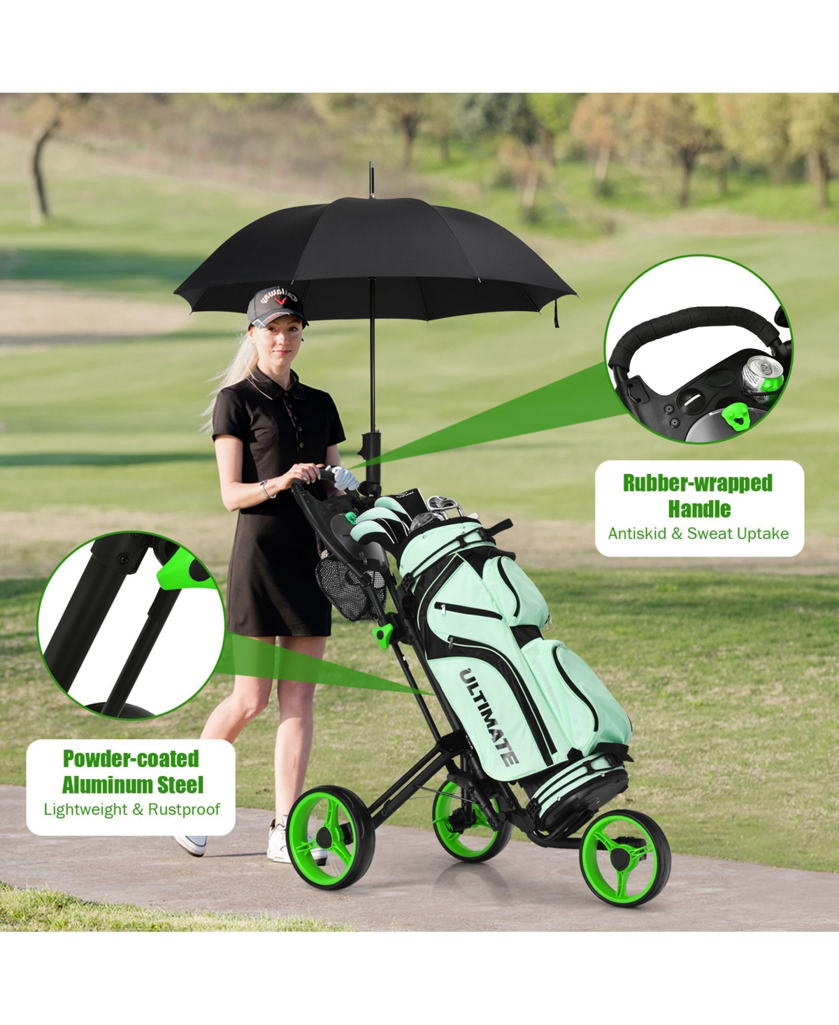 Gymax 3 Wheels Foldable Golf Push Pull Cart Trolley w/ Mesh Bag Foot Brake - Green+black