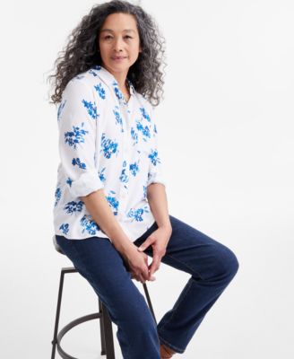 売れ筋商品|||スタイルアンドコー カットソー トップス レディース Women's Printed Button-Front Perfect Shirt, Exclusively at Macy's Blue Floral Style & Co Women's Printed Button-Front Perfect Shirt