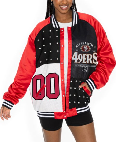 Женские куртки Gameday Couture Women's Scarlet/Black San Francisco 49ers Oversized Hot Shot Rhinestone Throwback Full-Snap Varsity Bomber Jacket