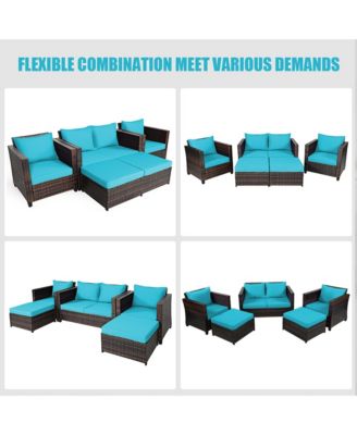 5PCS Patio Rattan Furniture Set Loveseat Sofa Ottoman Cushioned