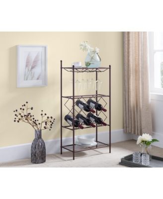 Freestanding Floor Metal Wine Rack Stand, Wine Bottle Liquor Cabinet with Glass Holder & Storage Shelves – Bronze