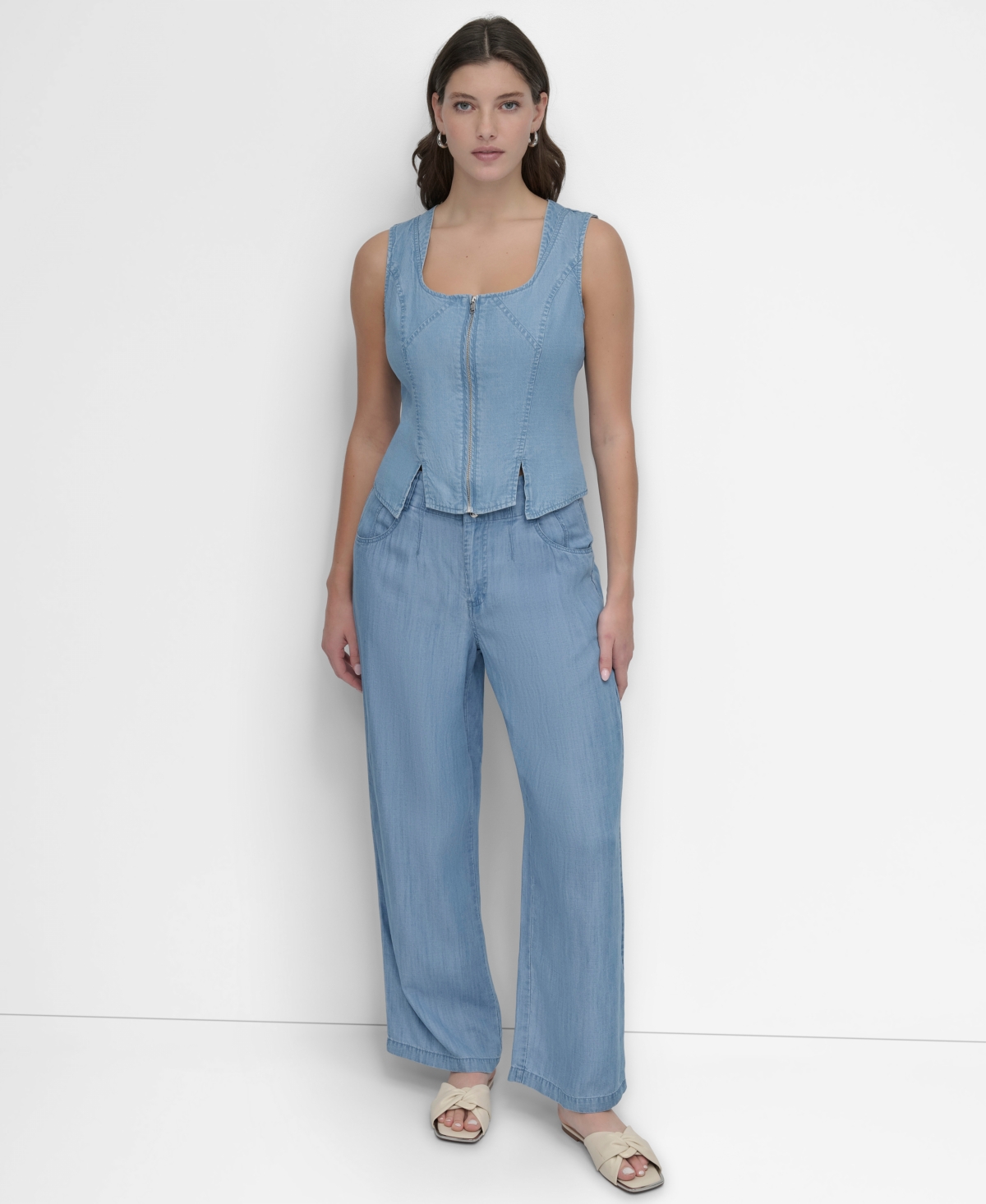 Shop Dkny Women's Zip-front Corset Top In Lt Chambray