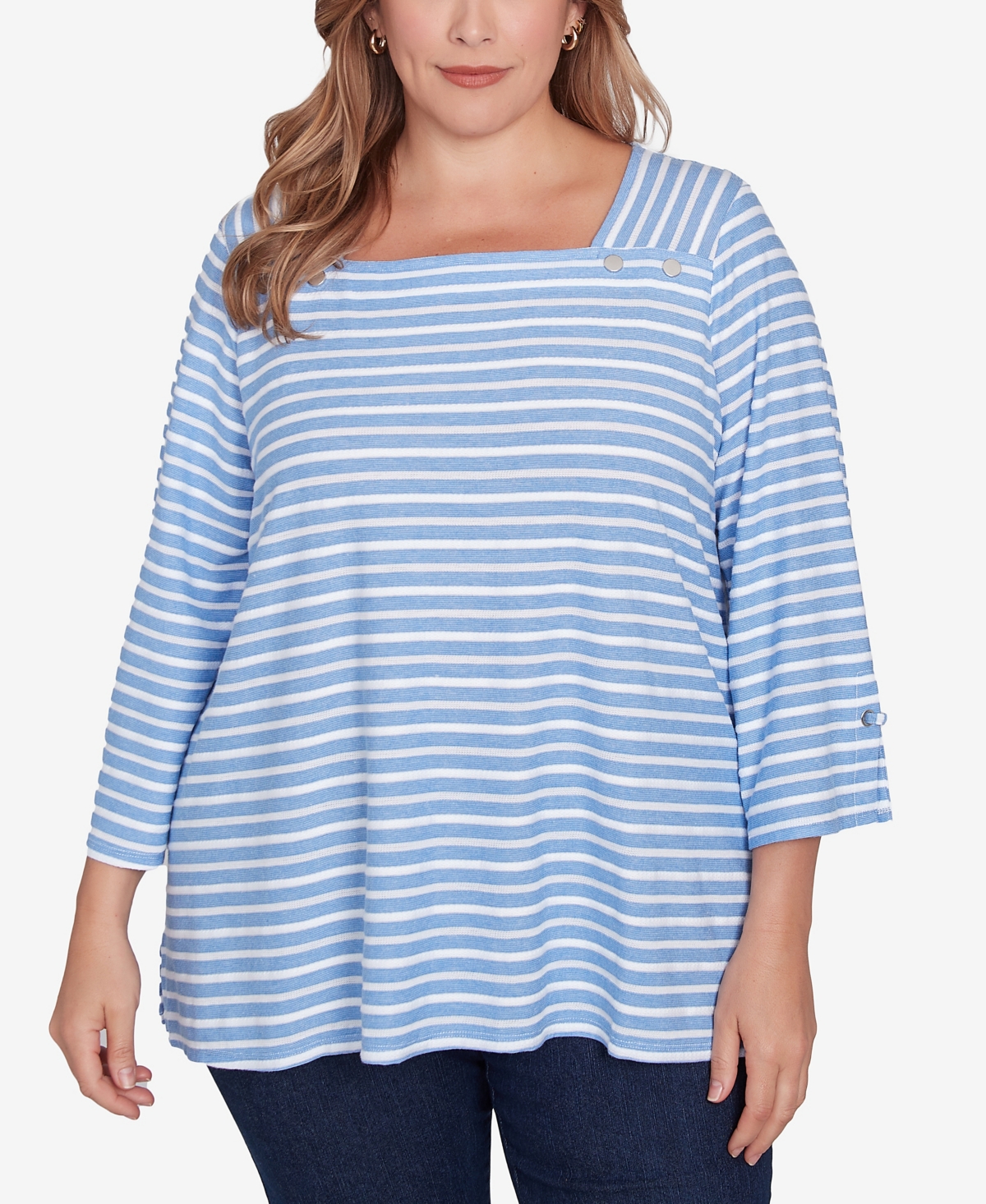 Ruby Rd. Plus Size Ribbon Stripe Laced Sleeve Top In Azure Multi