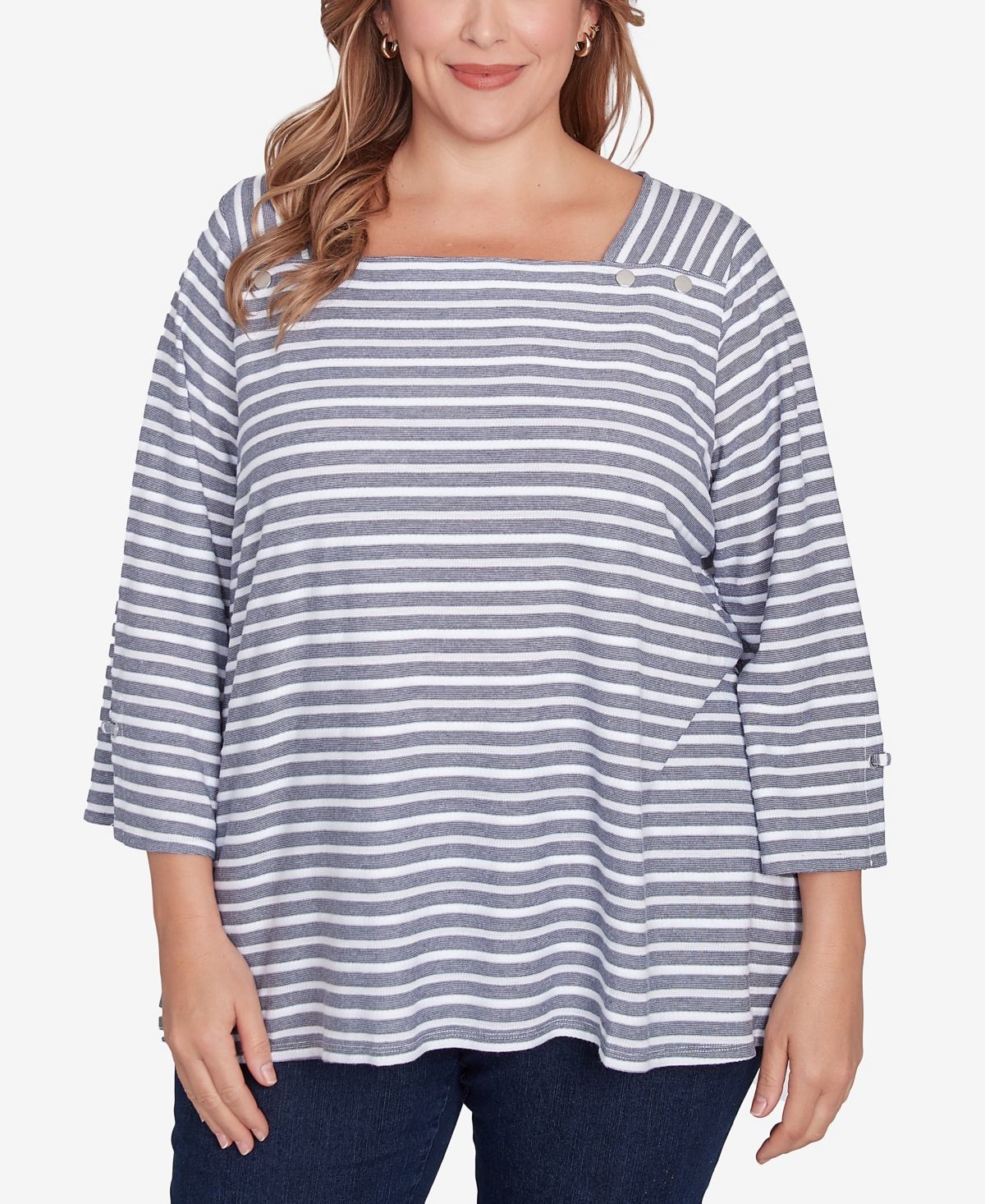 Ruby Rd. Plus Size Ribbon Stripe Laced Sleeve Top In True Navy Multi
