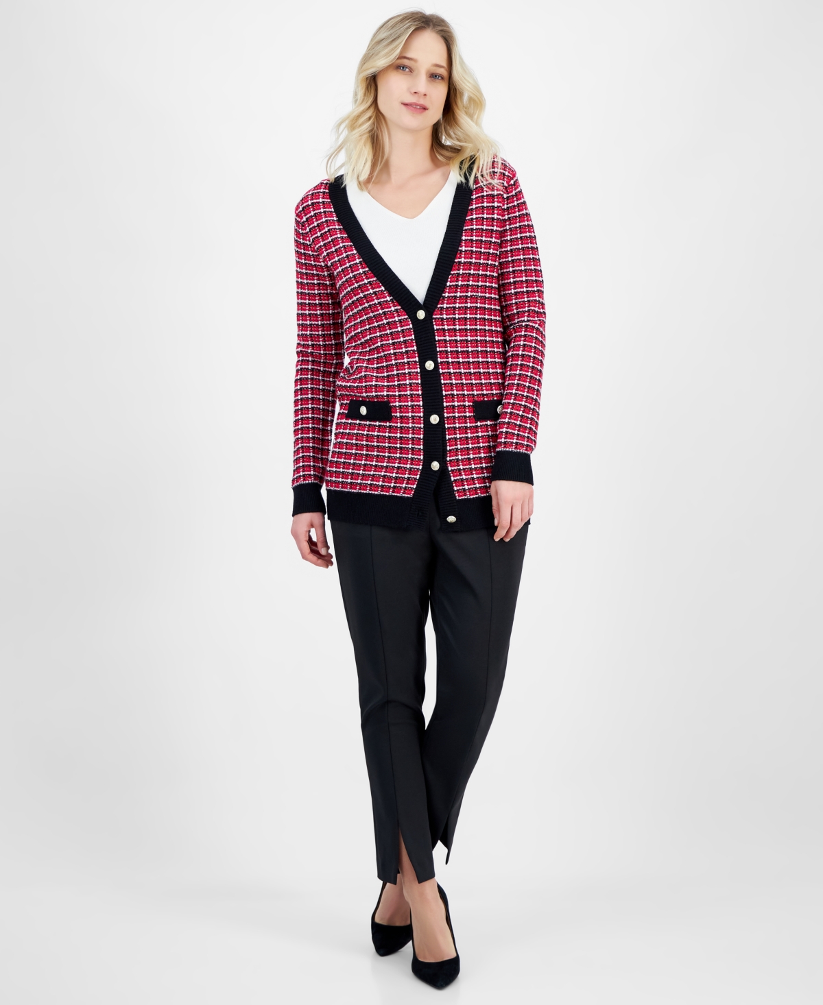 T Tahari Women's Check Contrast-trim V-neck Cardigan In Pink Heart Combo