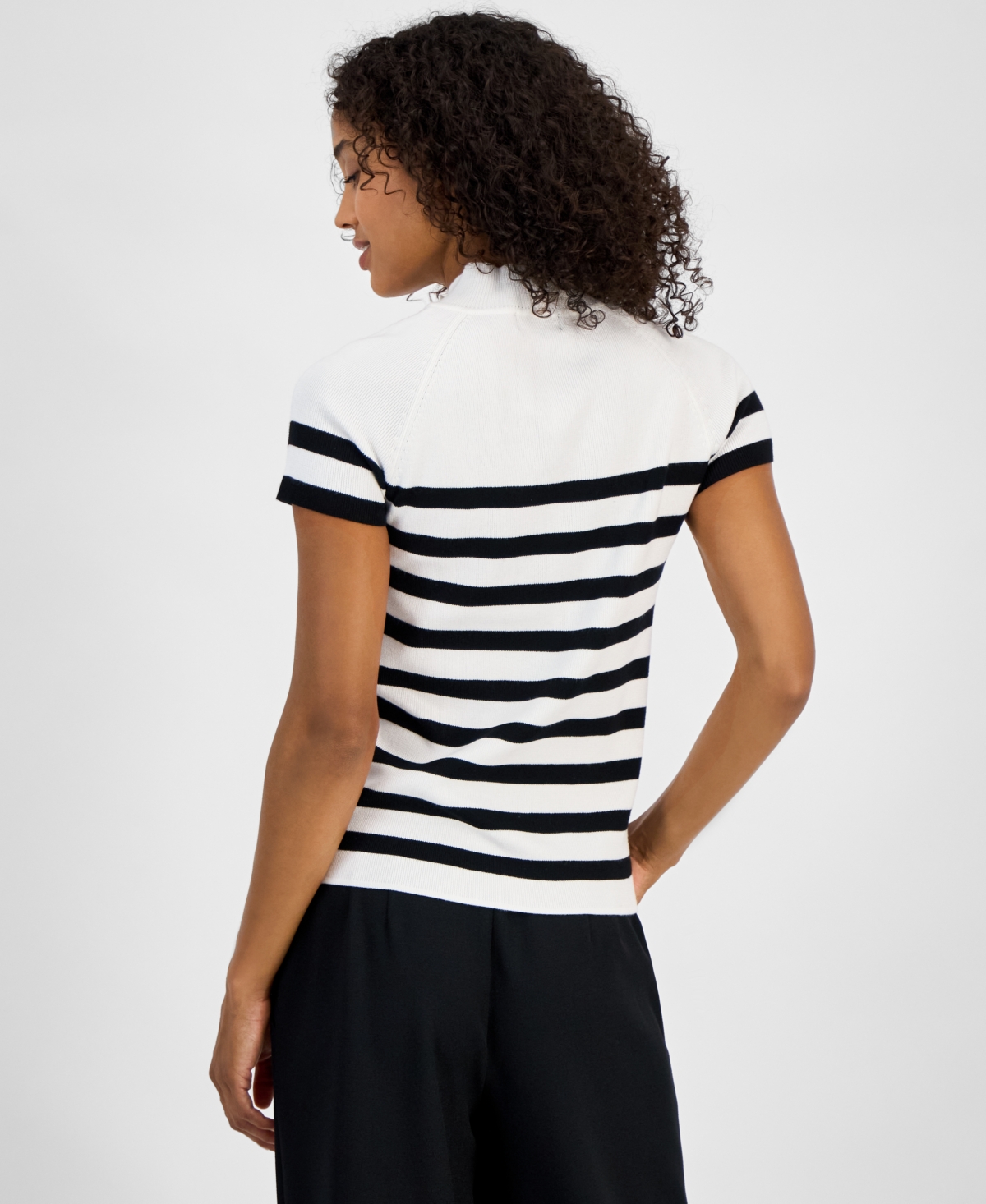 T Tahari Women's Striped Button-trim Mock-neck Sweater In White Star,black