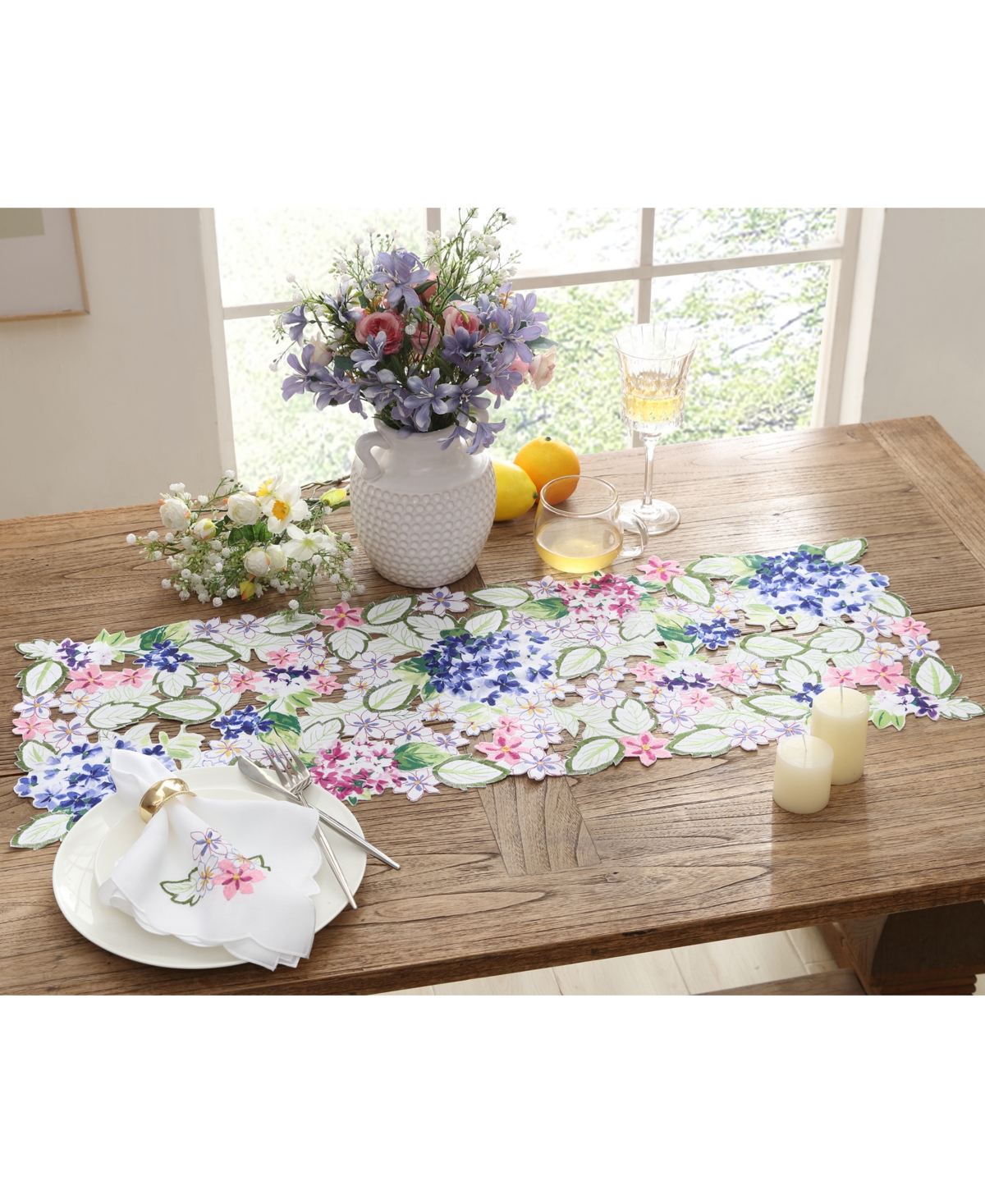 Elrene Hydrangea Cutwork Fabric Allover Centerpiece, 13" X 36" In Lilac