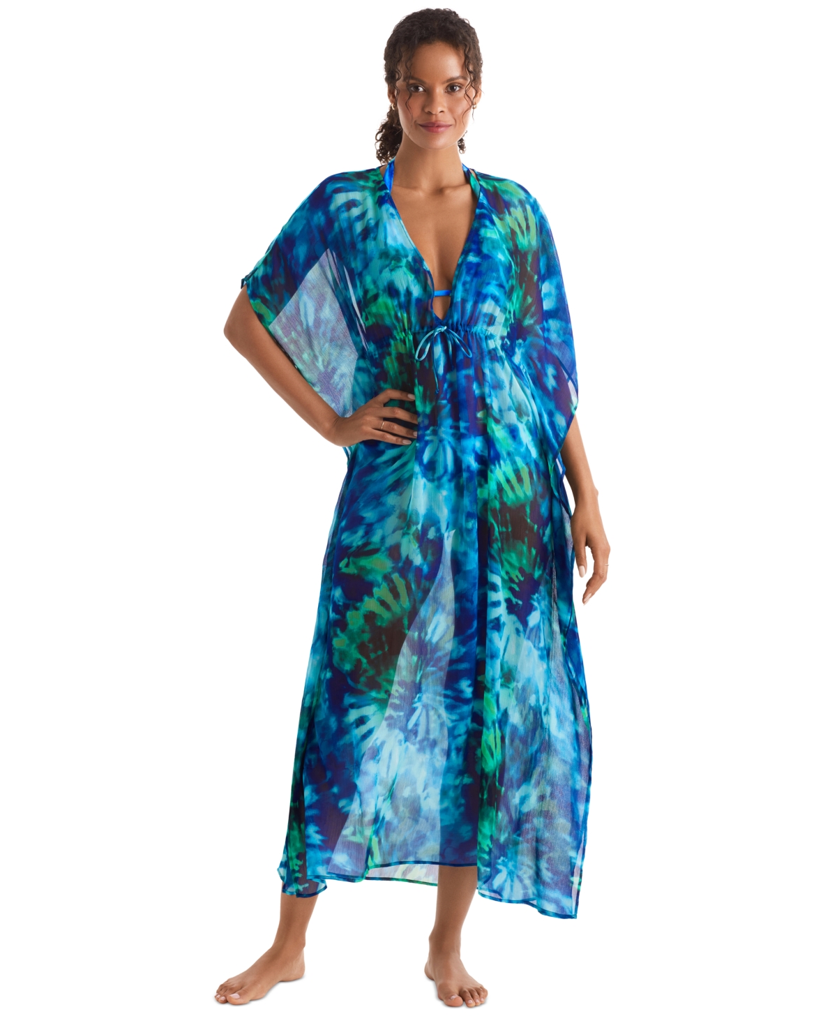 Shop Mimi Flamingo Women's Dune Printed Midi V-neck Caftan In Saltwater Tie Dye