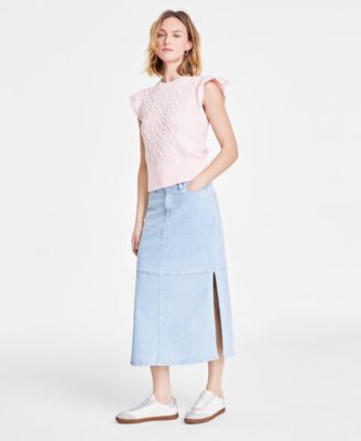 Womens Cable Knit Flutter Sleeve Sweater Split Seam Denim Midi Skirt Exclusively At Macys