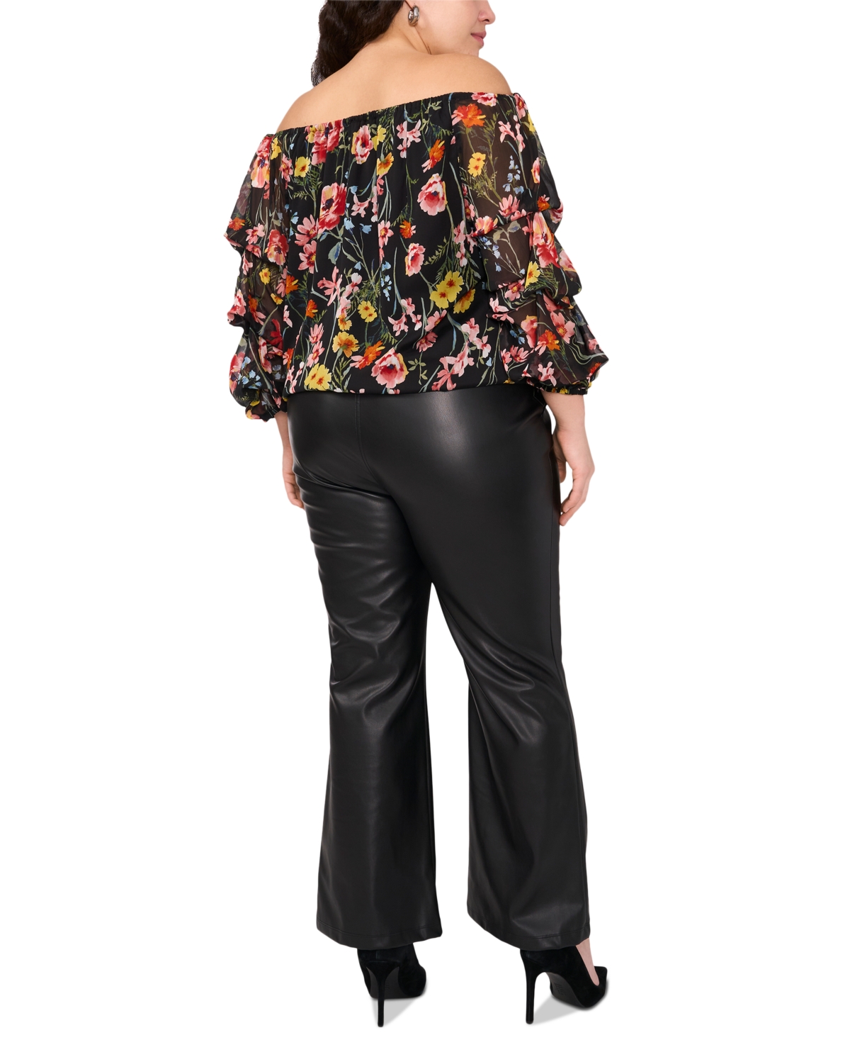 VINCE CAMUTO PLUS SIZE FLORAL OFF-THE-SHOULDER BUBBLE 3/4-SLEEVE TIE-FRONT BLOUSE 