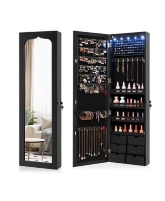 Lockable Wall Mounted Mirror Jewelry Armoire with 5 LEDs and 6 Drawers