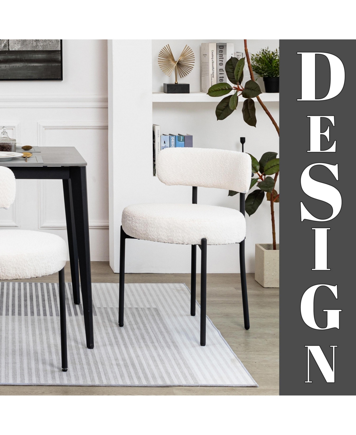 Dyhome Dining Chairs Set of 6, Mid-Century Modern Dining Chairs, Kitchen Dining Room Chairs, Curved Backrest Round Upholstered Boucle Sherpa Dining Ch