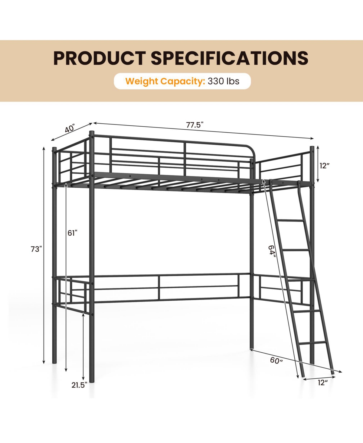 Gouun Metal Loft Twin Bed Frame Single High Loft Bed