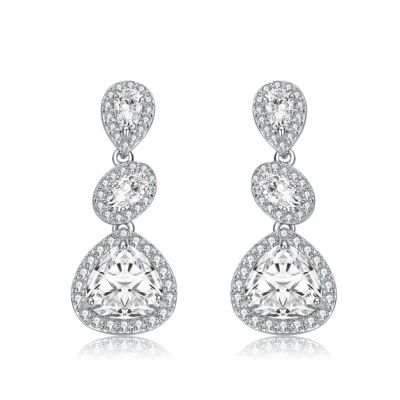 Sterling Silver White Gold Plated with Clear Pear, Oval & Round Cubic Zirconia Halo Three Tier Drop Earrings