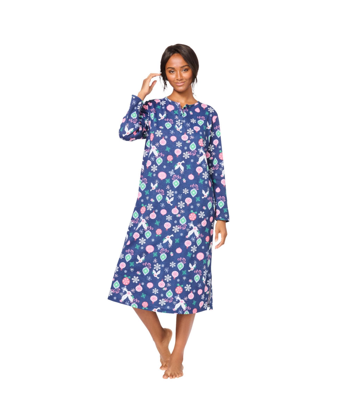 Women's Plus Size Long-Sleeve Henley Print Sleepshirt - Plum burst dot