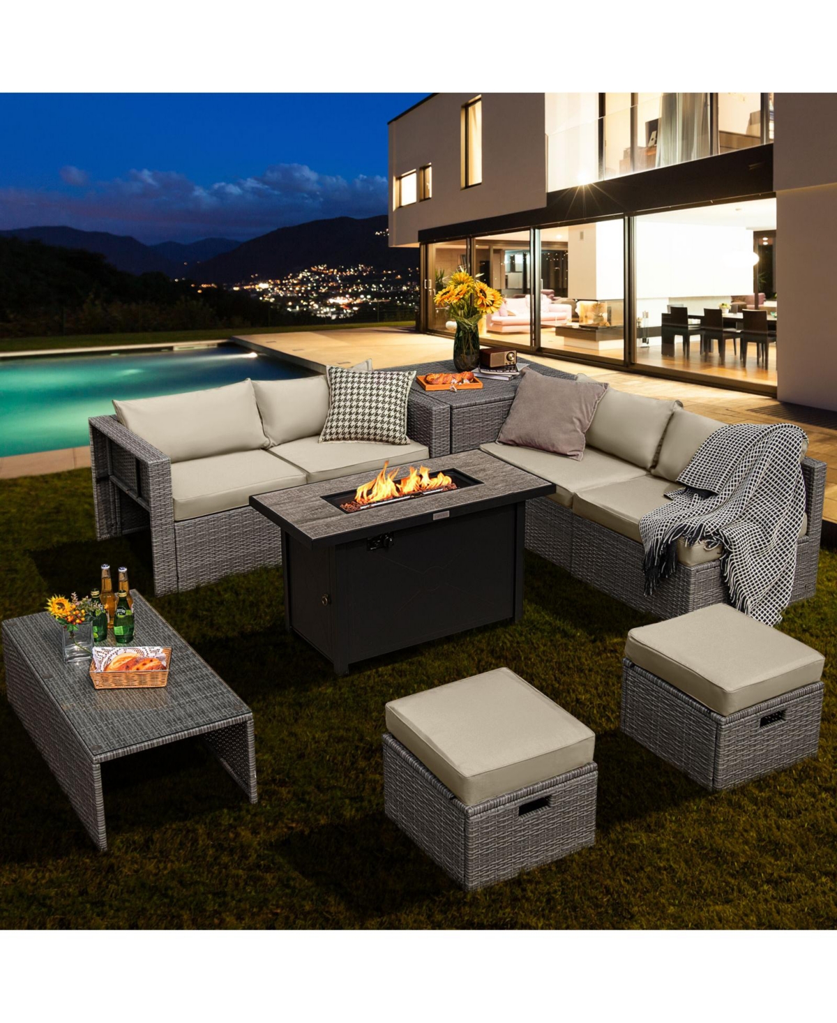 9 Pieces Patio Furniture Set with 42 Inches 60000 Btu Fire Pit
