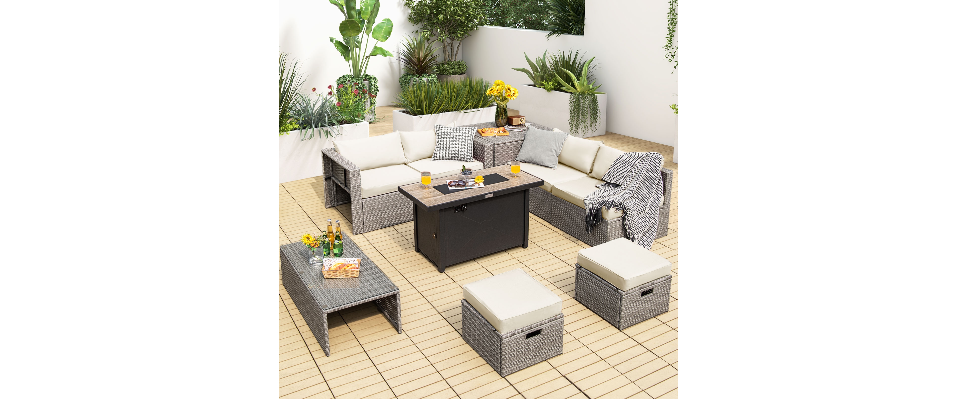 9 Pieces Patio Furniture Set with 42 Inches 60000 Btu Fire Pit