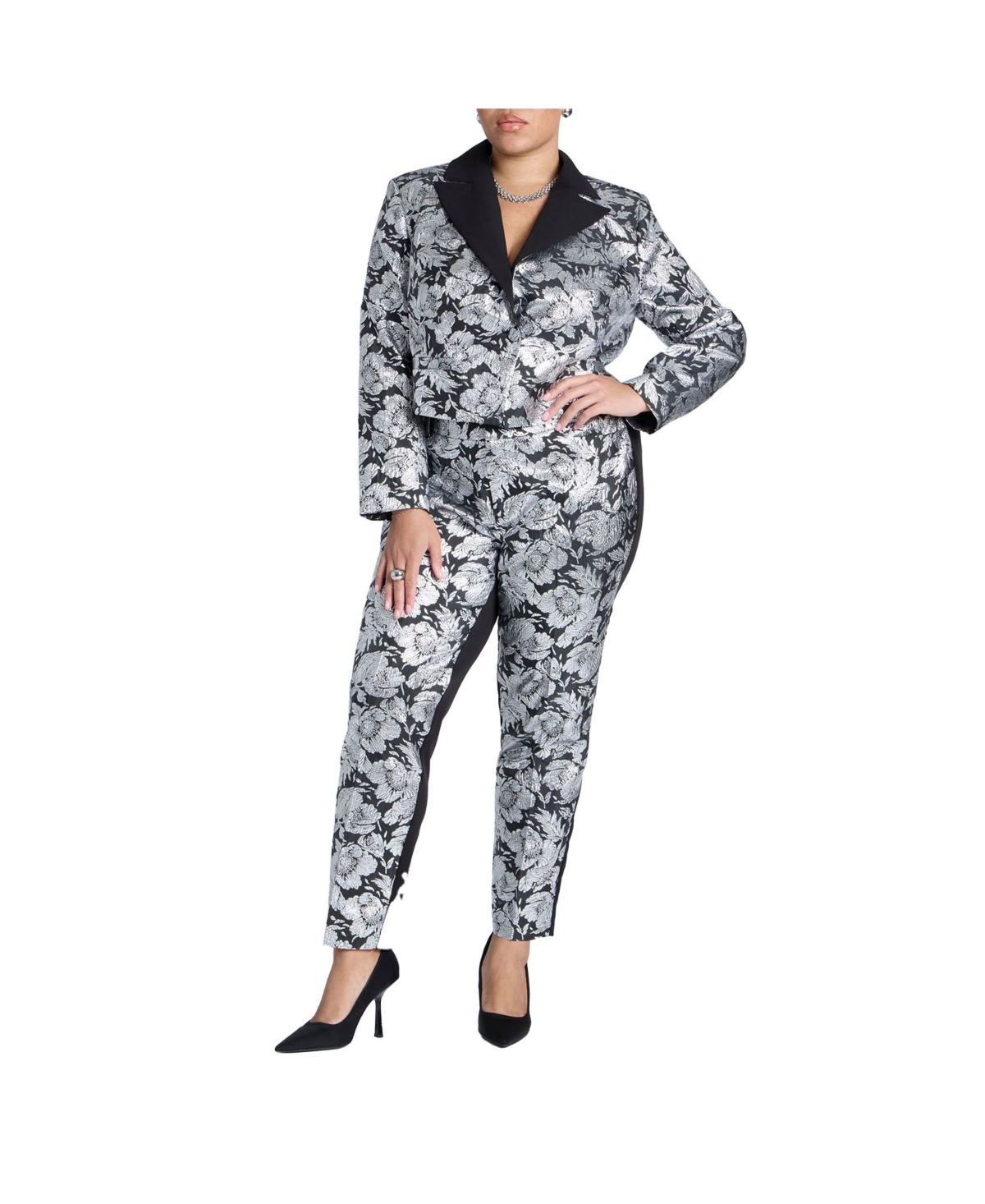 Women's Plus Size Brocade Pant - Black and silver