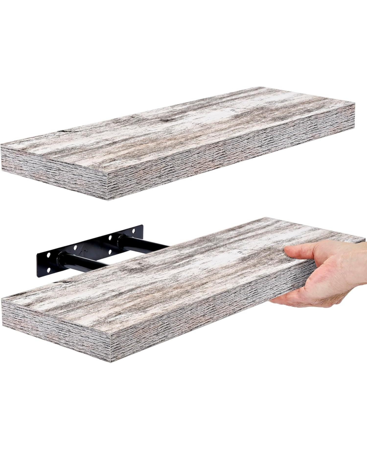 2 Pack 16 Inch Coastal Rectangle Floating Shelves - for Home DAcor to Display Trophies, Books, Frames, and more (Rustic White) - Rustic wehite