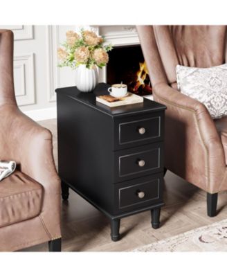 Solid Wood End Table, Fully Assembled Narrow Side Table with Drawers, Pre-Assembled Nightstand Slim Bedside Table, Black