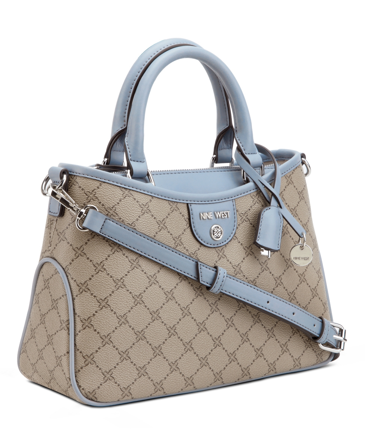 Nine West Kiley Removable Strap Medium Satchel Bag In Beige Logo Bluestone