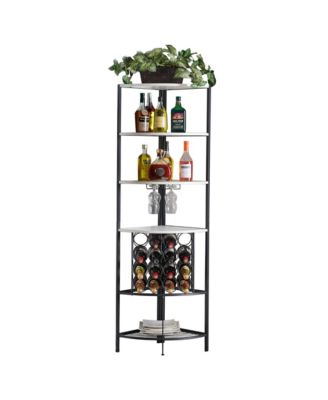 5 Tier Corner Wine Rack with Glass Holder and Storage Shelves, Wine Bar Cabinet for Living Room, Dining Room, Kitchen
