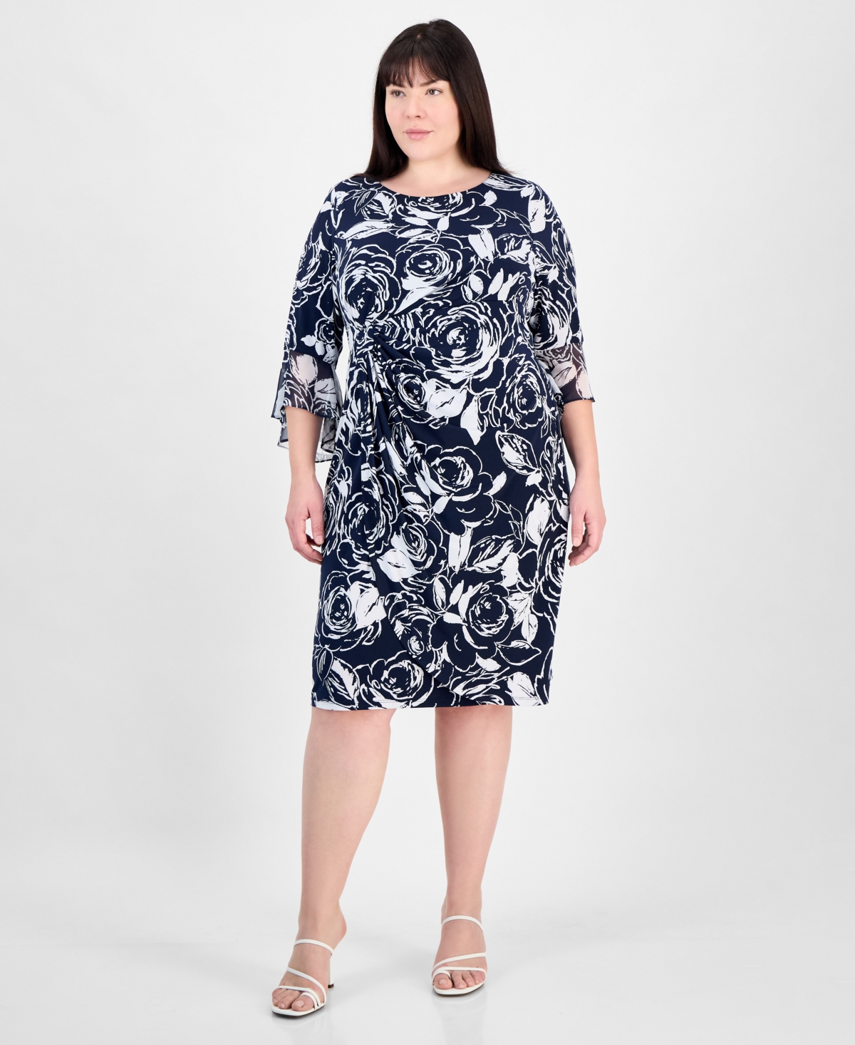 Plus Size Ruched Side-Tab 3/4-Sleeve Dress - Navy