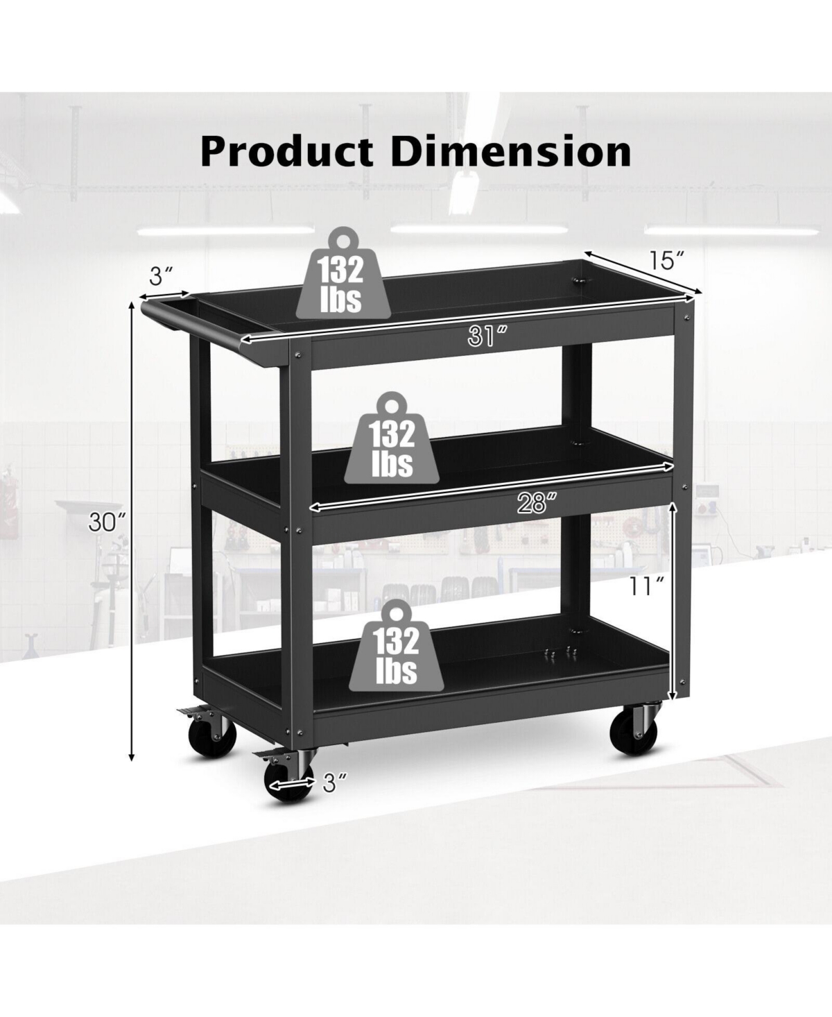 Gouun 3-Tier Metal Utility Cart Trolley Tool with Flat Handle and 2 Lockable Universal Wheels
