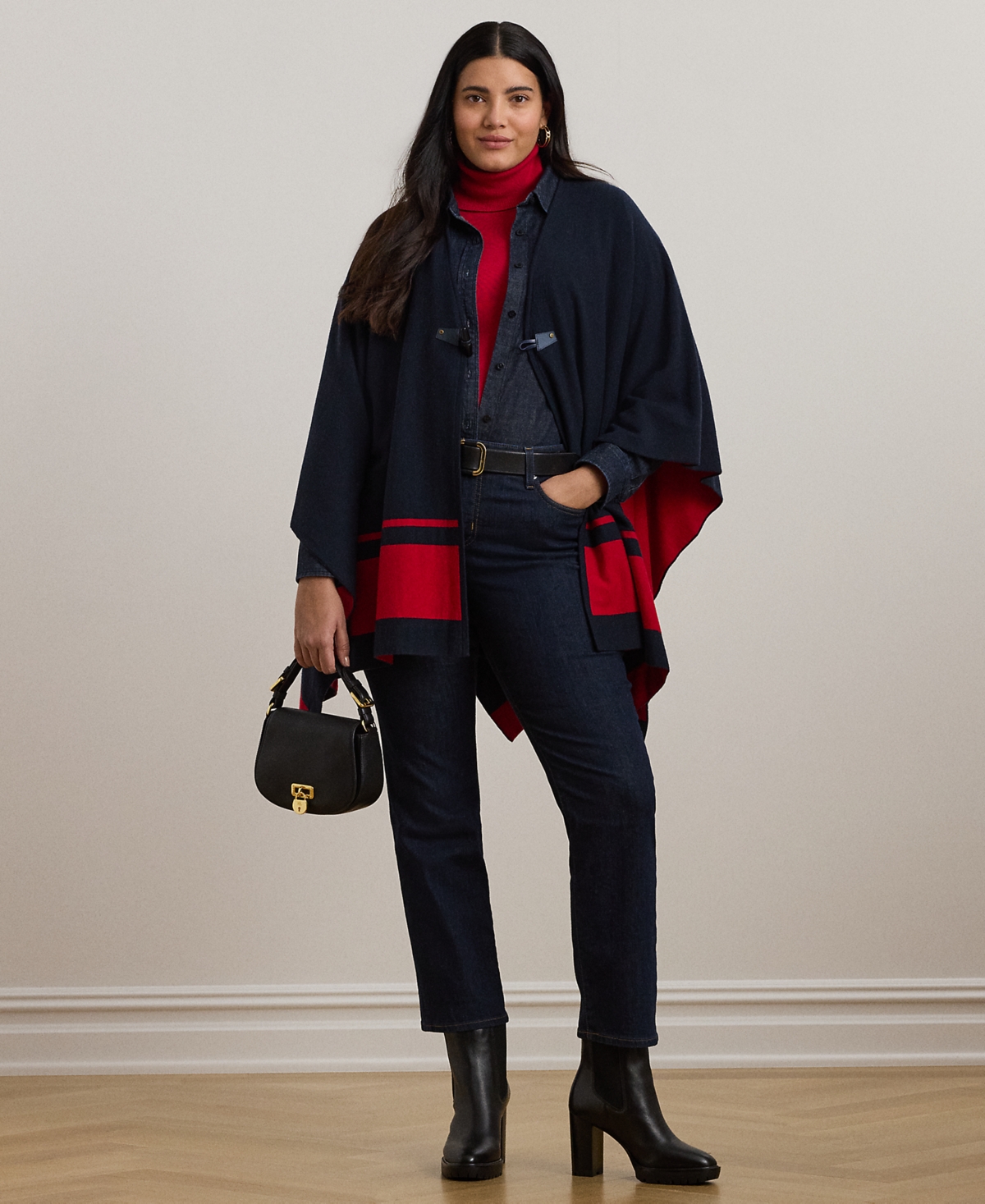 Shop Ralph Lauren Plus Size Two-tone Poncho In Lauren Navy,festive Red