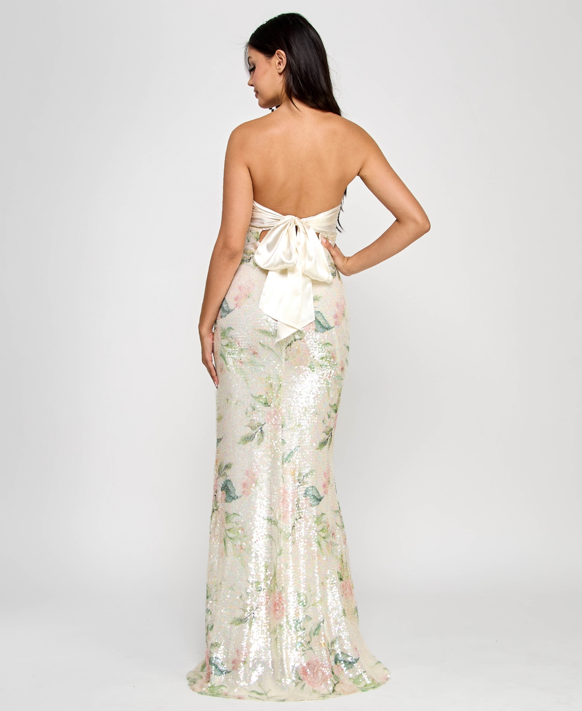 City Studios Juniors' Satin Twist-front Bow-back Sequined Gown In Ivory,green,pink
