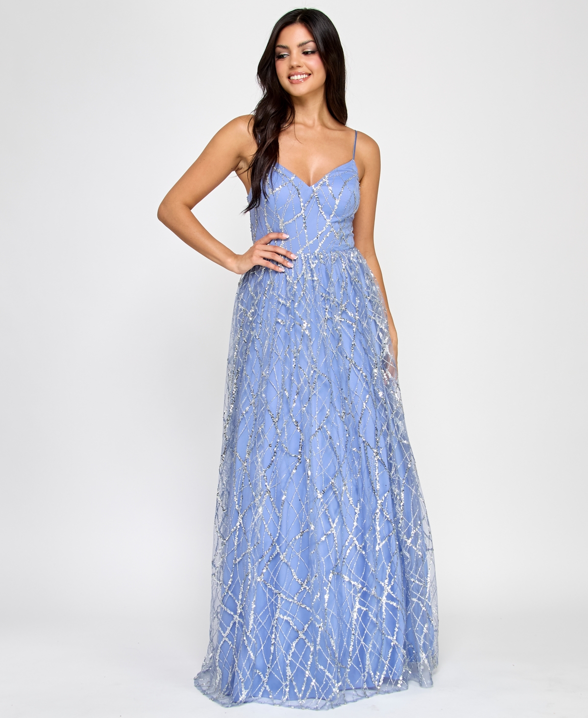 Juniors' Glitter-Tulle Lace-Up V-Neck Gown, Created for Macy's - Sky Silver
