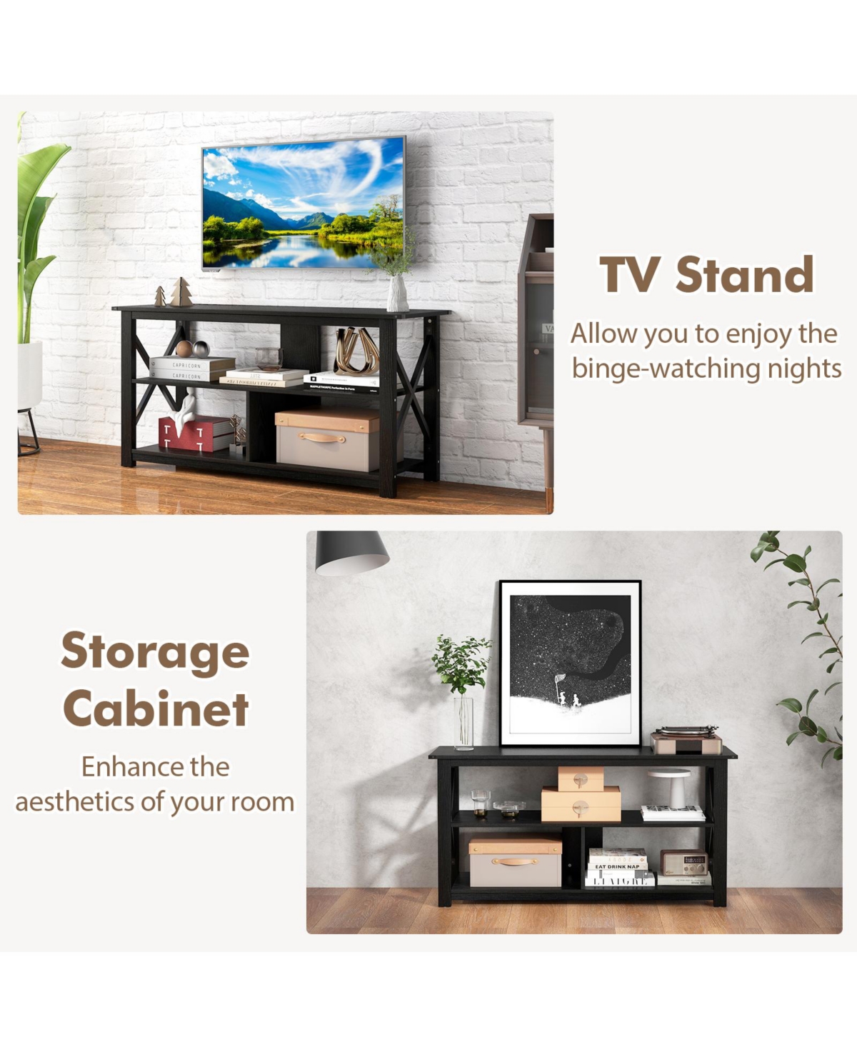 Gouun 3 Tier Wood Tv Stand for 55-Inch with Open Shelves and X-Shaped Frame