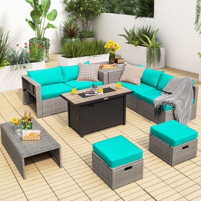9-Piece Rattan Patio Set with 42 in 60,000 BTU Fire Pit