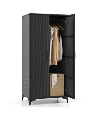 62 Inch Wicker Wardrobe with 2 Doors PE Rattan Closet with Hanging Rod