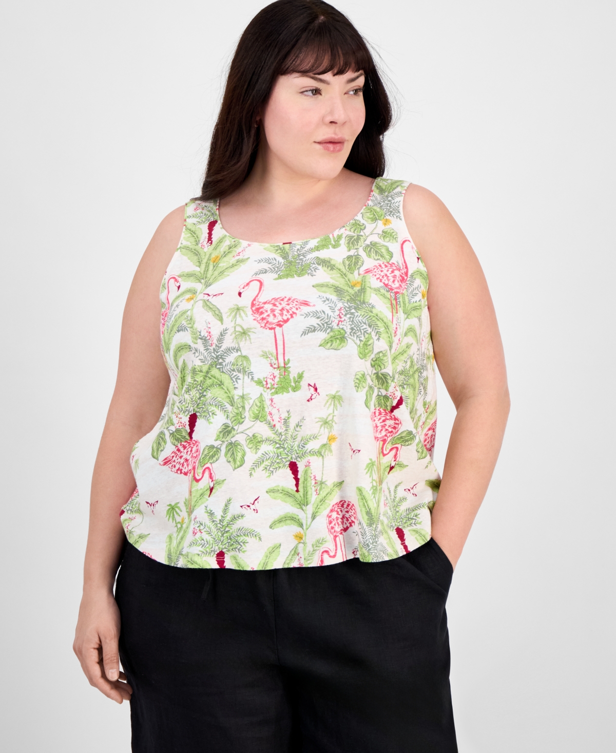 Macy's Plus Size Linen-blend Printed Scoop-neck Tank Top, Exclusively At  In Palm Beach