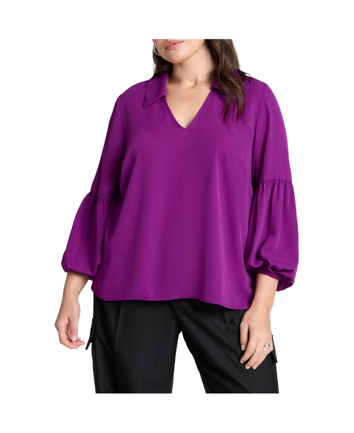 Plus Size Balloon Sleeve Collared Blouse - Warm purple