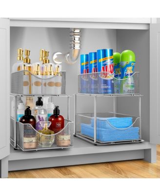 2 Pack 2 Tier Baskets with Mesh Sliding Drawers - Ideal Cabinet, Under the Sink, etc - Great for Bathroom, Kitchen, Office, etc. (Silver