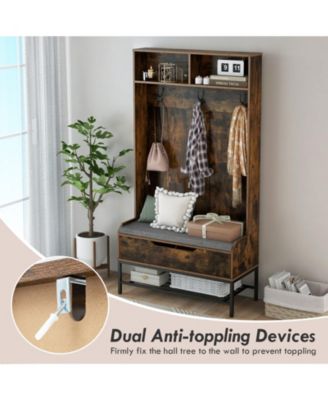 69-Inch 4-in-1 Hall Tree with Coat Rack, Seat Cushion, Shoe Storage, and Shelf