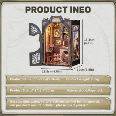 Book Nook Kit - DIY Dollhouse Miniature House Kit for Adults, Teens and Beginners, Tiny House Booknook Bookshelf Decor 3D Wooden Puzzle, Gifts for Family, Friends (Count Cat's Study